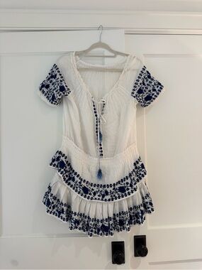 LoveShackFancy White Mini Dress with Navy Floral Embroidery